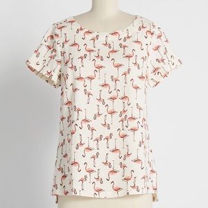 ModCloth Delightful Demeanor Flamingo Print Crepe Off-White Linen Top L